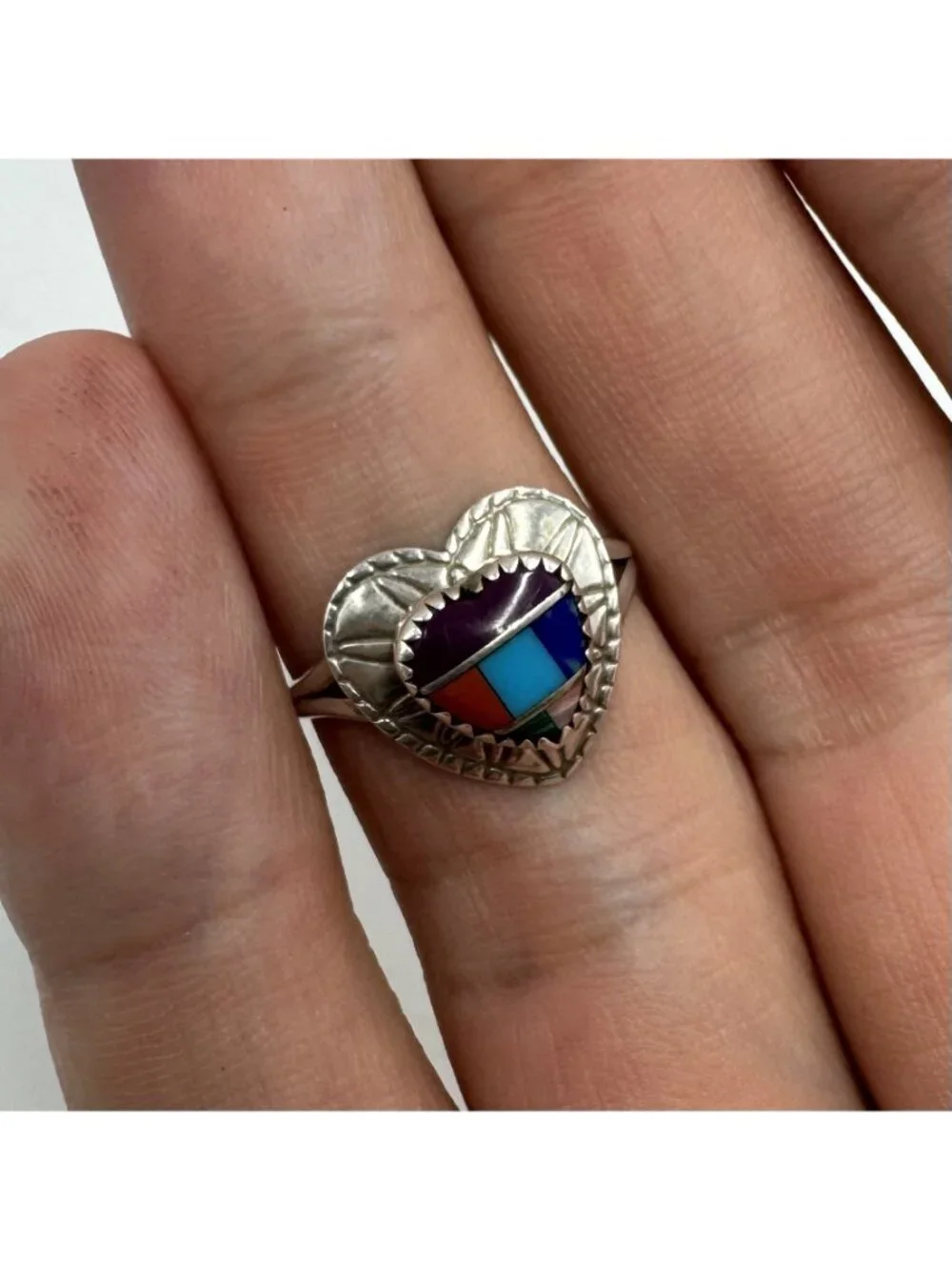 Sterling Silver 925 Multi Gemstone Inlay Heart Shaped Statement Ring Size 4.5